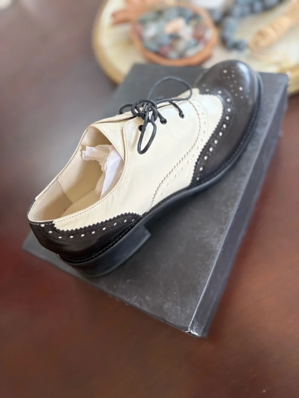 Twin-Set Black and Cream Wingtip Brogue Derby